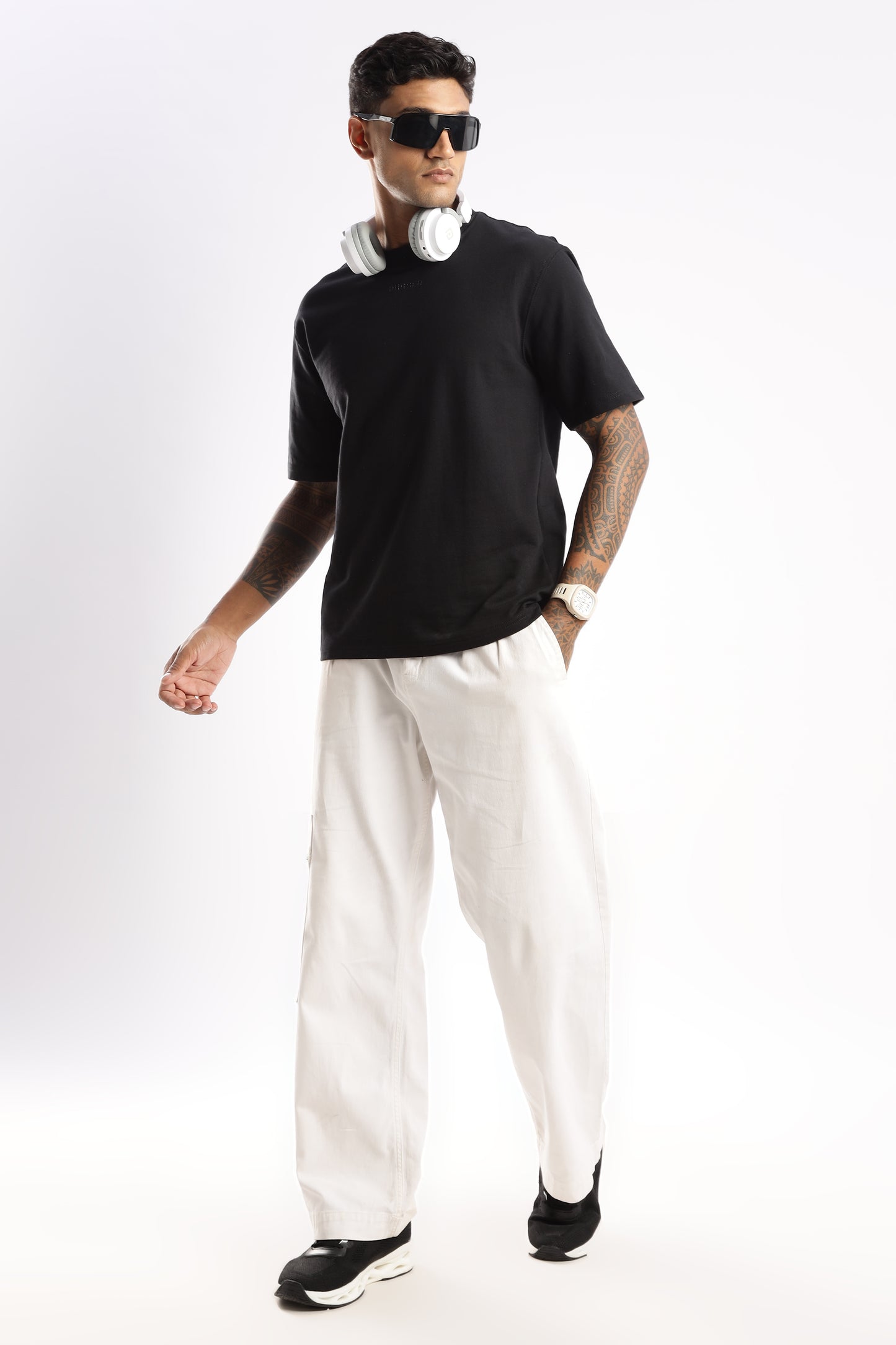 Flat lay of Elegant Crew Tee in Onyx Depth highlighting neckline and fabric weight